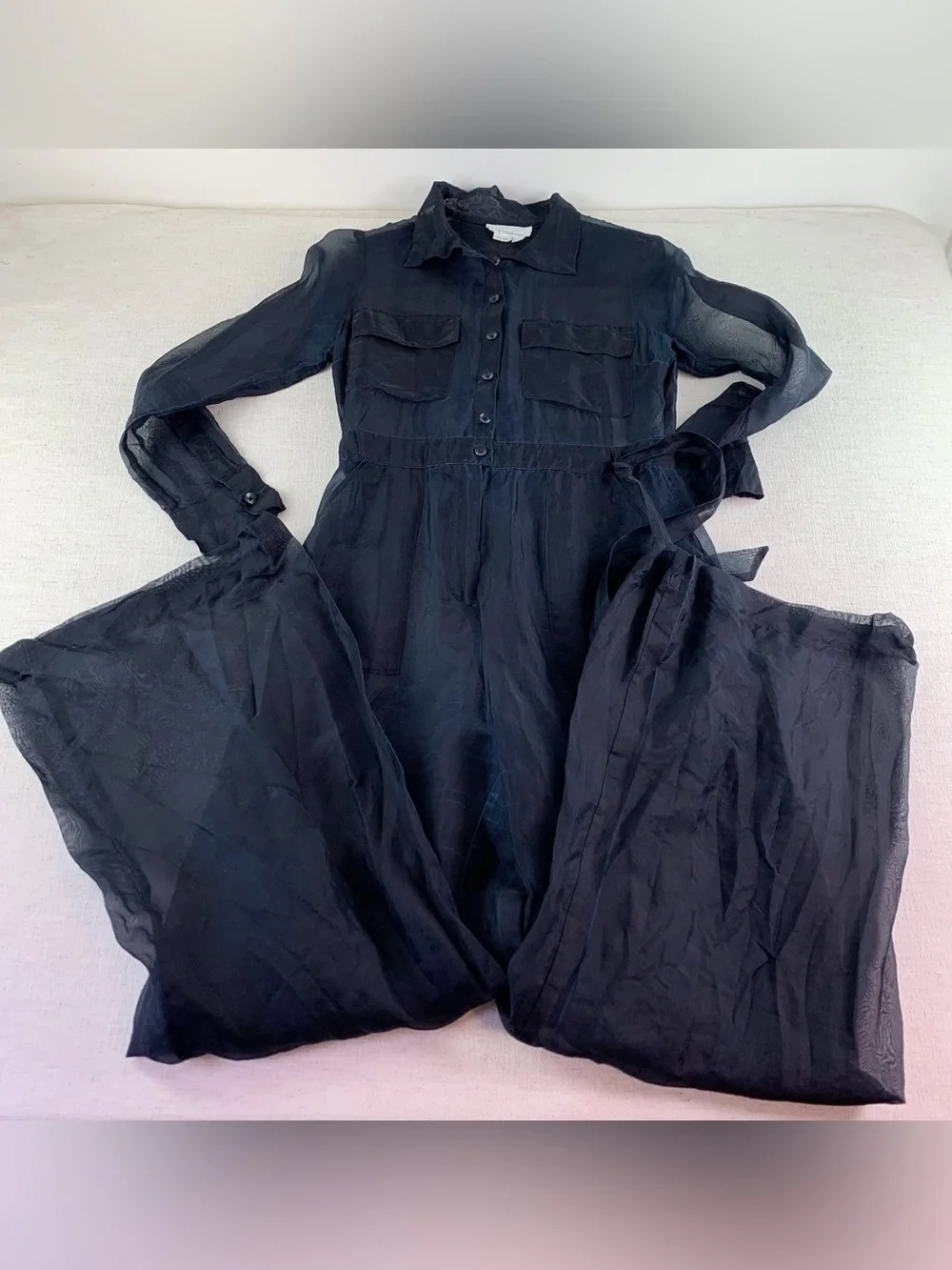 By Anthropologie Sheer silk Utility Jumpsuit long sleeve wide leg in black